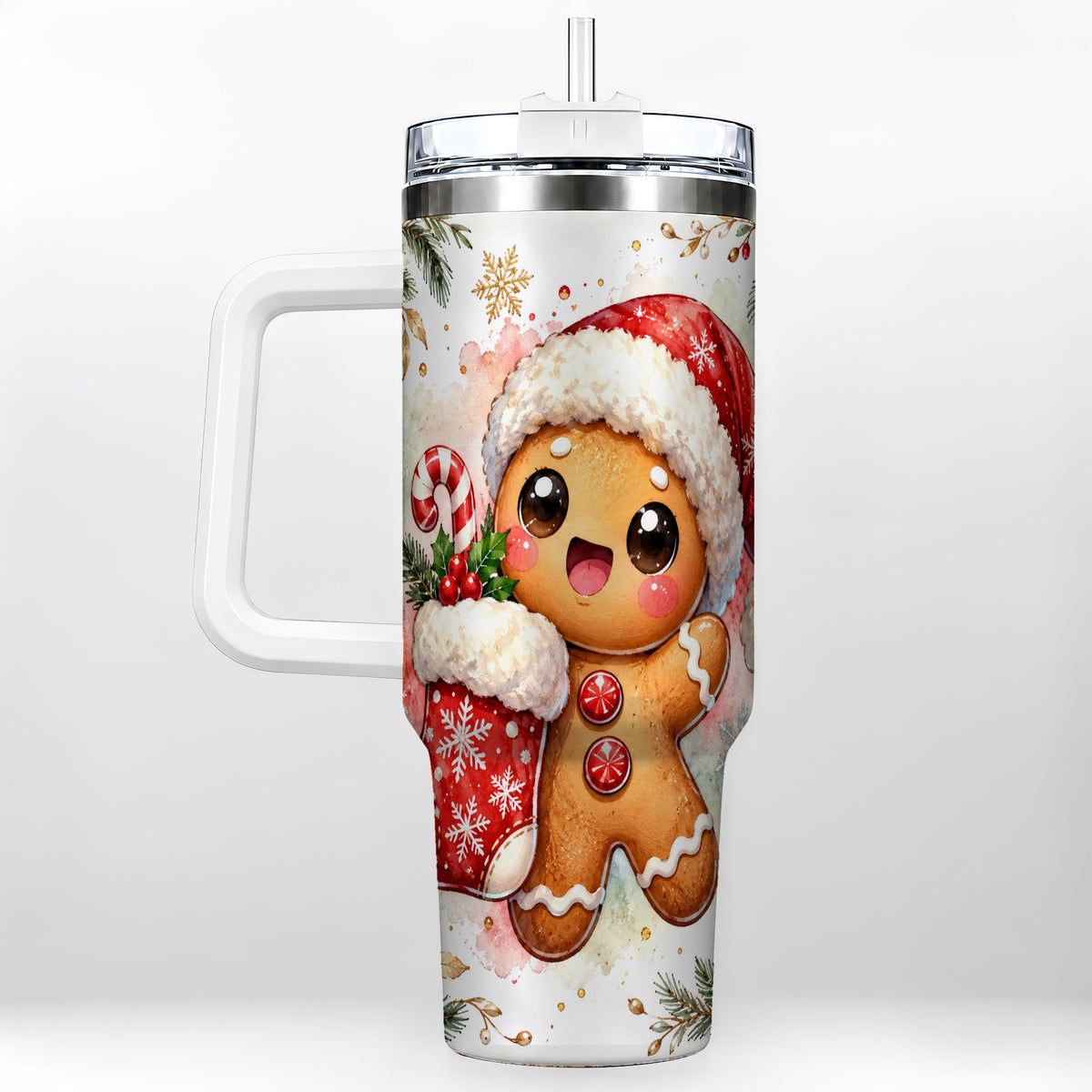 Christmas Gingerbread 40oz Tumbler with Handle, Holiday Travel Cup
