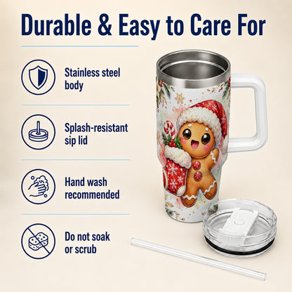 Christmas Gingerbread 40oz Tumbler with Handle, Holiday Travel Cup