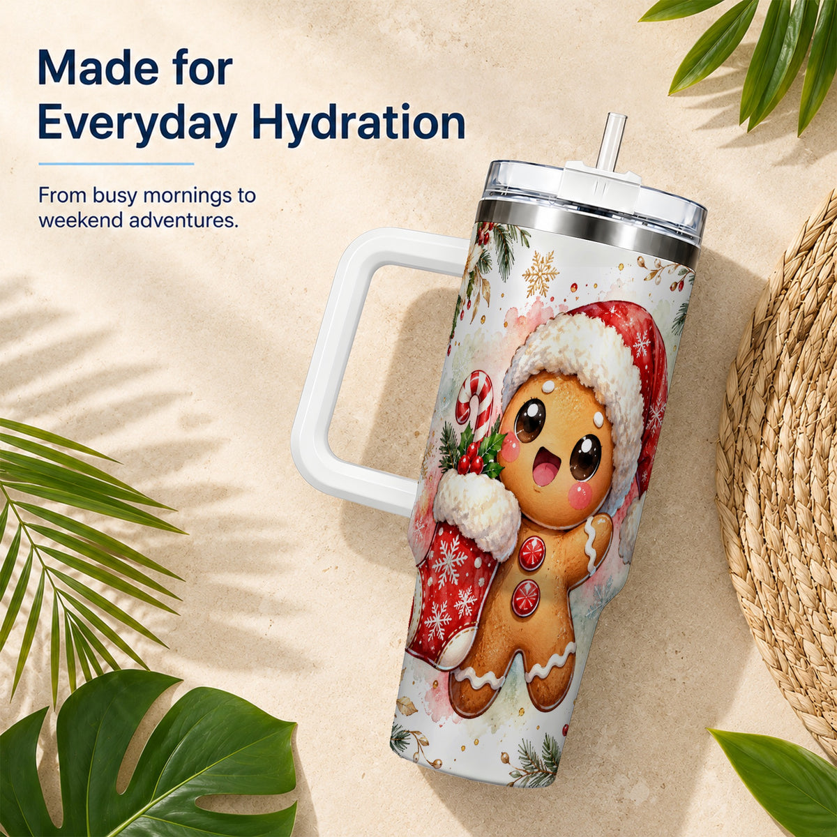 Christmas Gingerbread 40oz Tumbler with Handle, Holiday Travel Cup