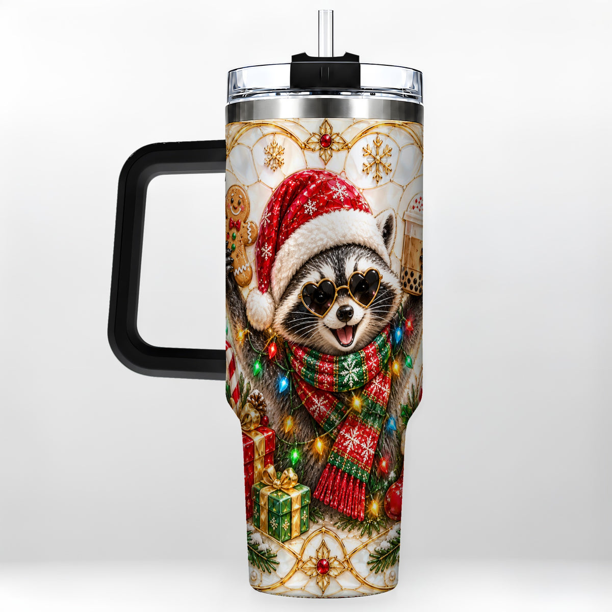 #pl[40oz|Black] Christmas Raccoon 40oz Tumbler with Handle, Festive Travel Cup