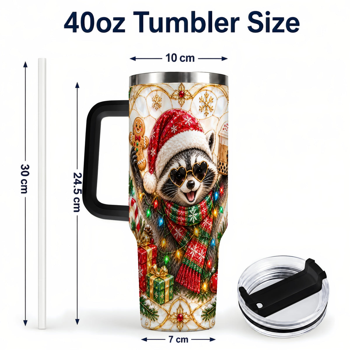 #pl[40oz|Black] Christmas Raccoon 40oz Tumbler with Handle, Festive Travel Cup