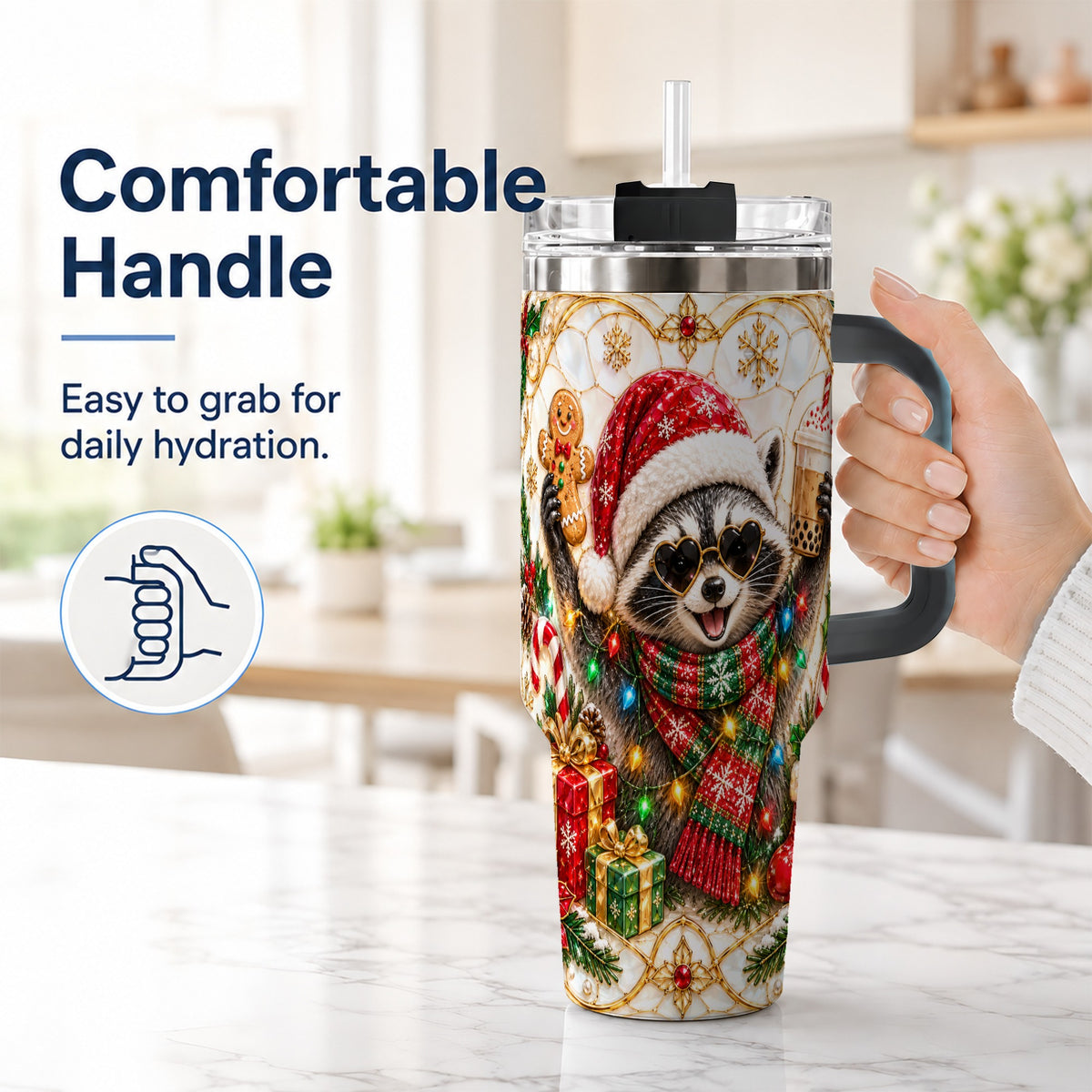 #pl[40oz|Black] Christmas Raccoon 40oz Tumbler with Handle, Festive Travel Cup