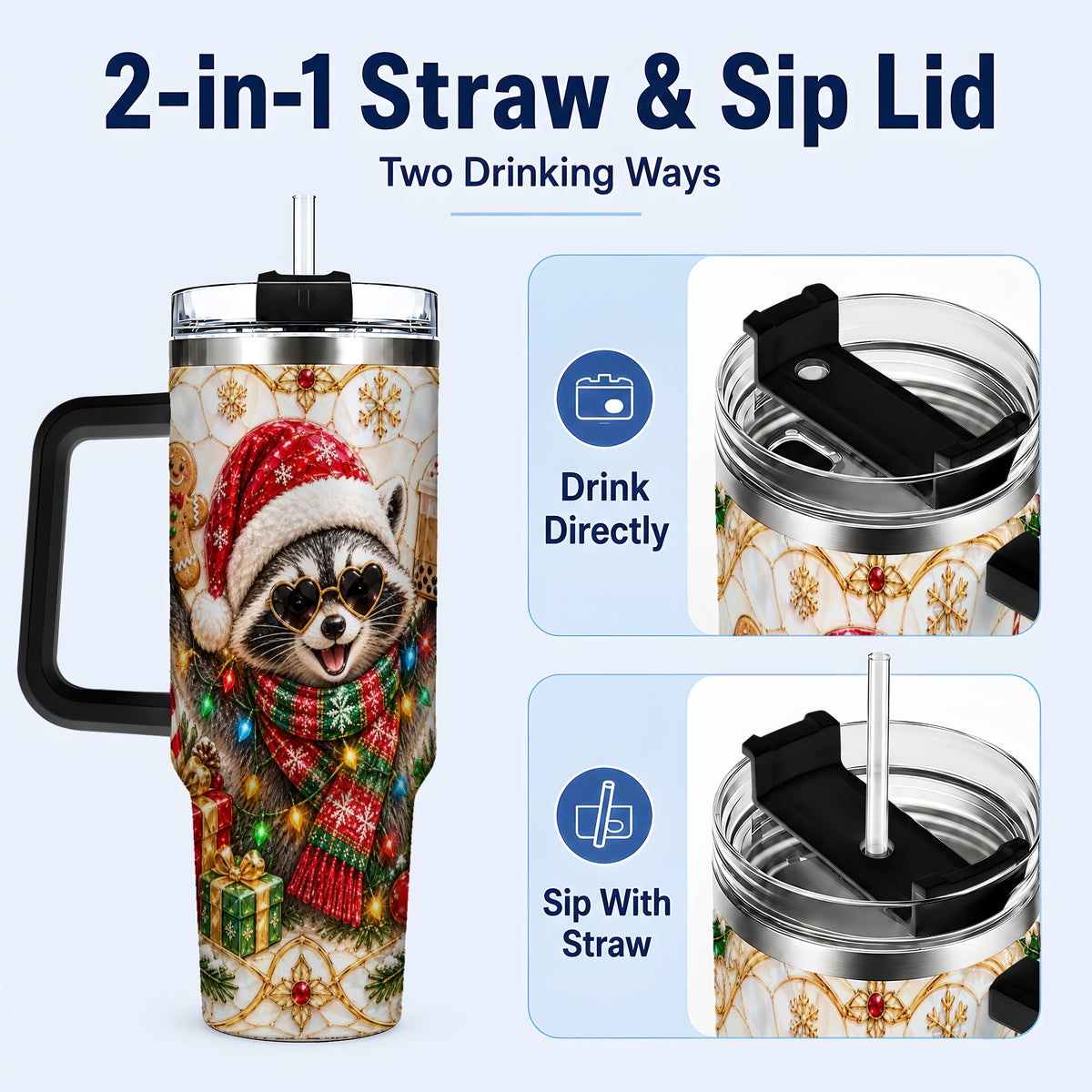 #pl[40oz|Black] Christmas Raccoon 40oz Tumbler with Handle, Festive Travel Cup