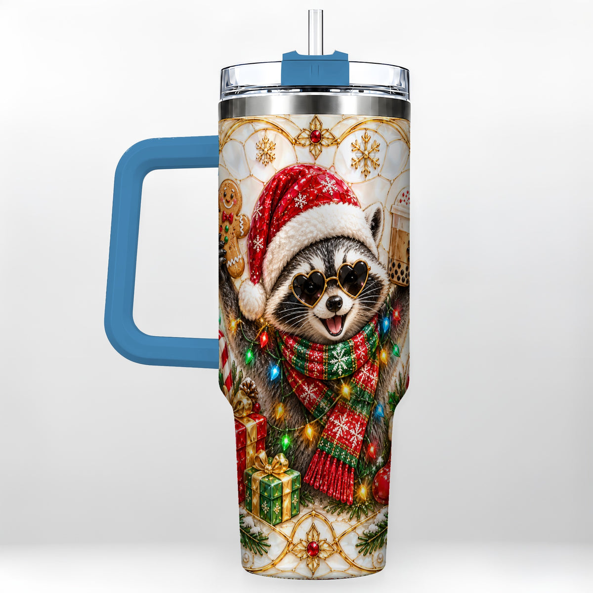 #pl[40oz|Blue] Christmas Raccoon 40oz Tumbler with Handle, Festive Travel Cup