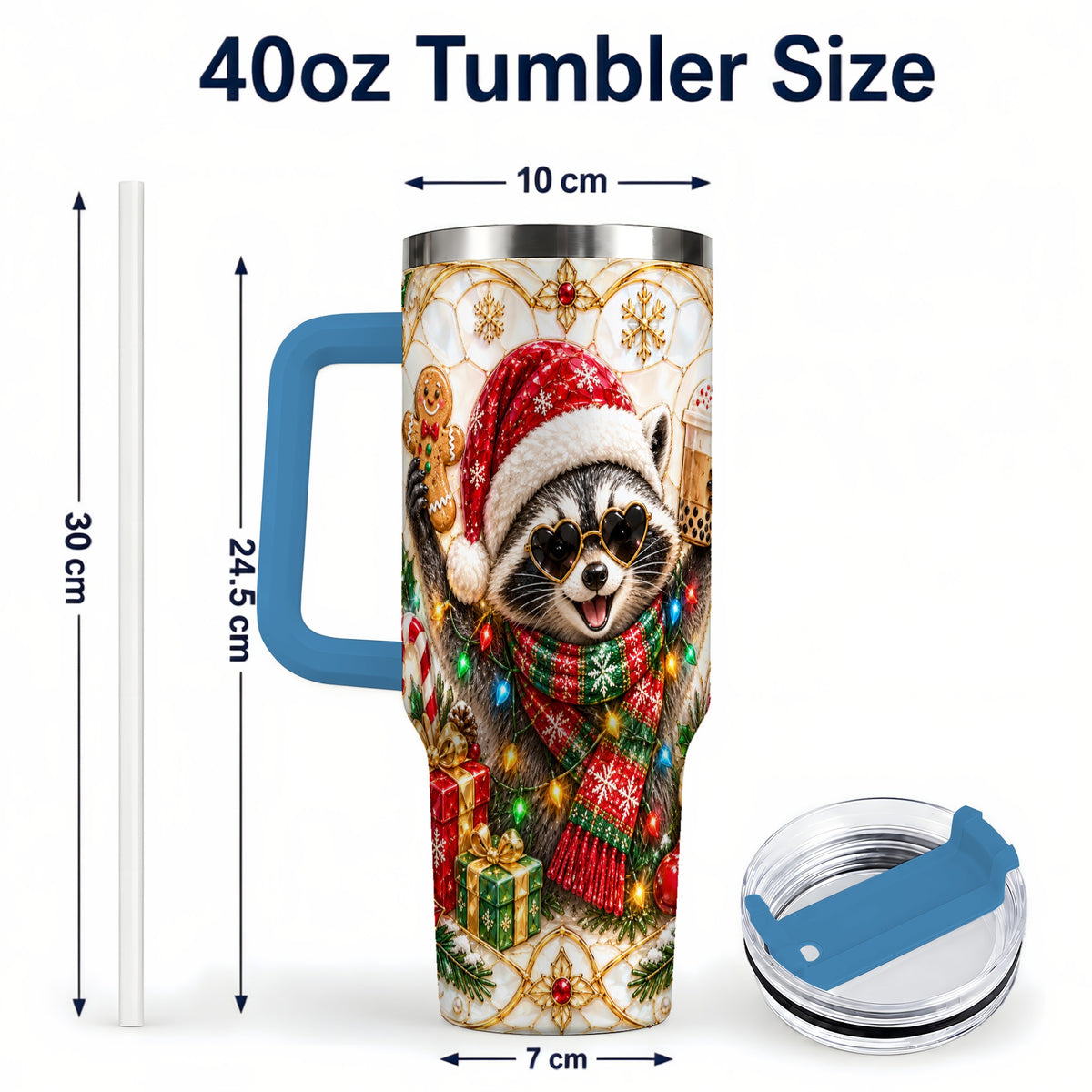 #pl[40oz|Blue] Christmas Raccoon 40oz Tumbler with Handle, Festive Travel Cup