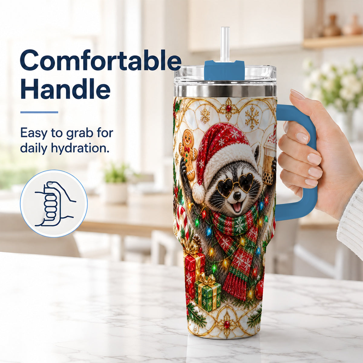 #pl[40oz|Blue] Christmas Raccoon 40oz Tumbler with Handle, Festive Travel Cup