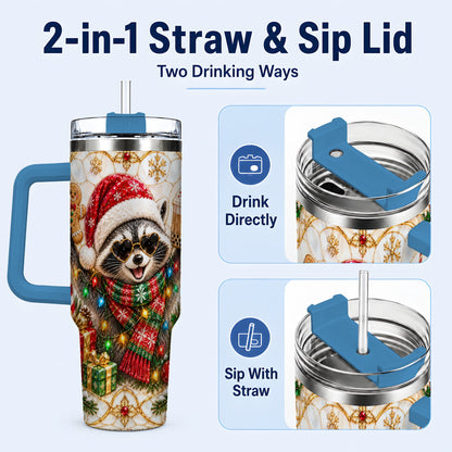 #pl[40oz|Blue] Christmas Raccoon 40oz Tumbler with Handle, Festive Travel Cup