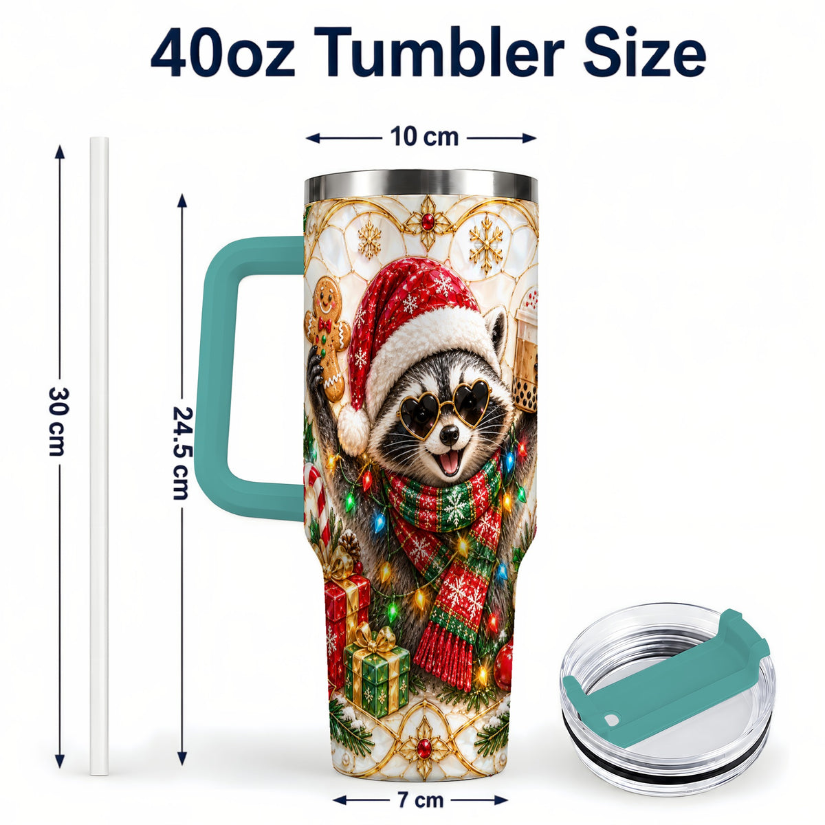 #pl[40oz|Green] Christmas Raccoon 40oz Tumbler with Handle, Festive Travel Cup