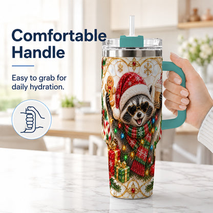 #pl[40oz|Green] Christmas Raccoon 40oz Tumbler with Handle, Festive Travel Cup