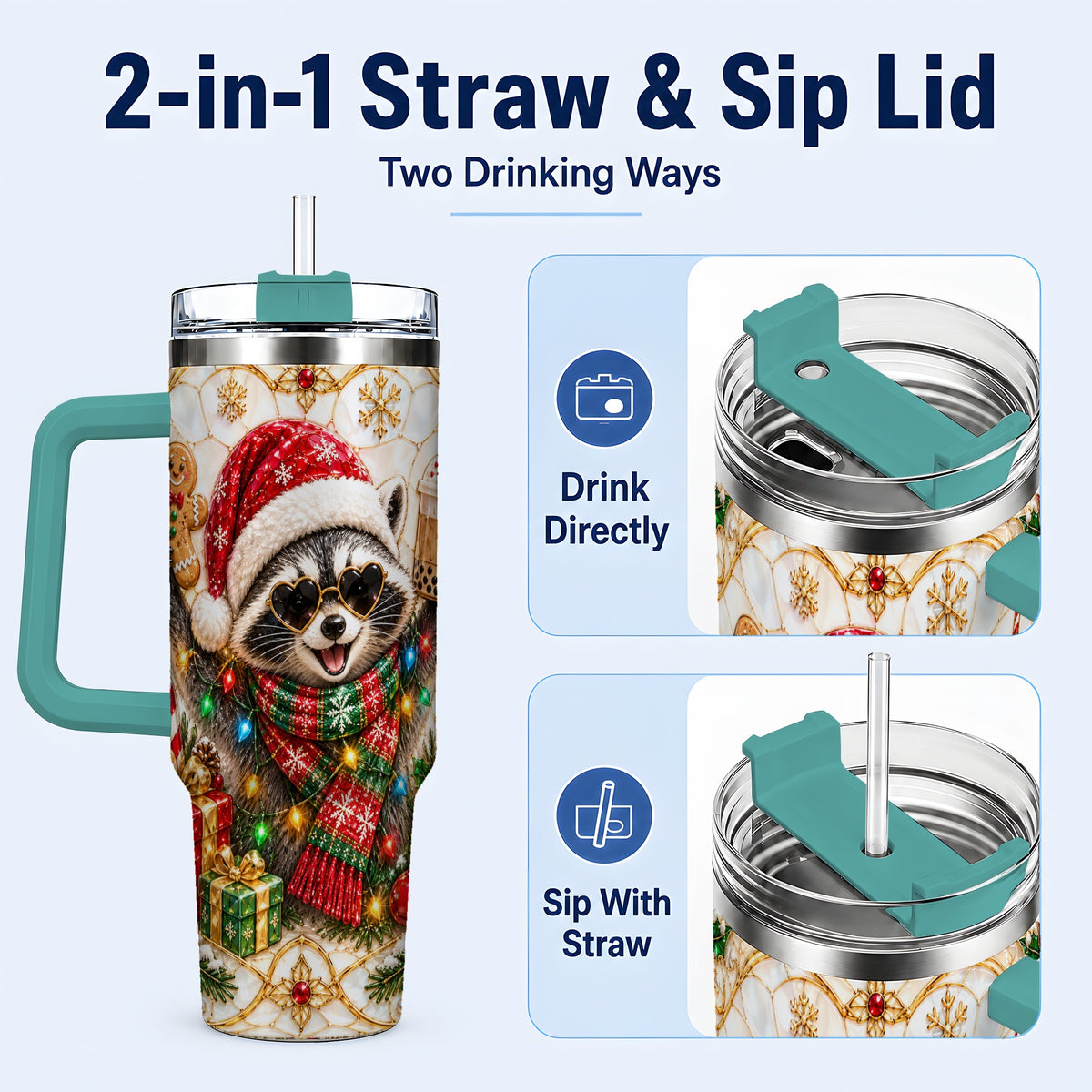 #pl[40oz|Green] Christmas Raccoon 40oz Tumbler with Handle, Festive Travel Cup