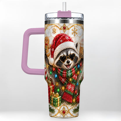 #pl[40oz|Pink] Christmas Raccoon 40oz Tumbler with Handle, Festive Travel Cup
