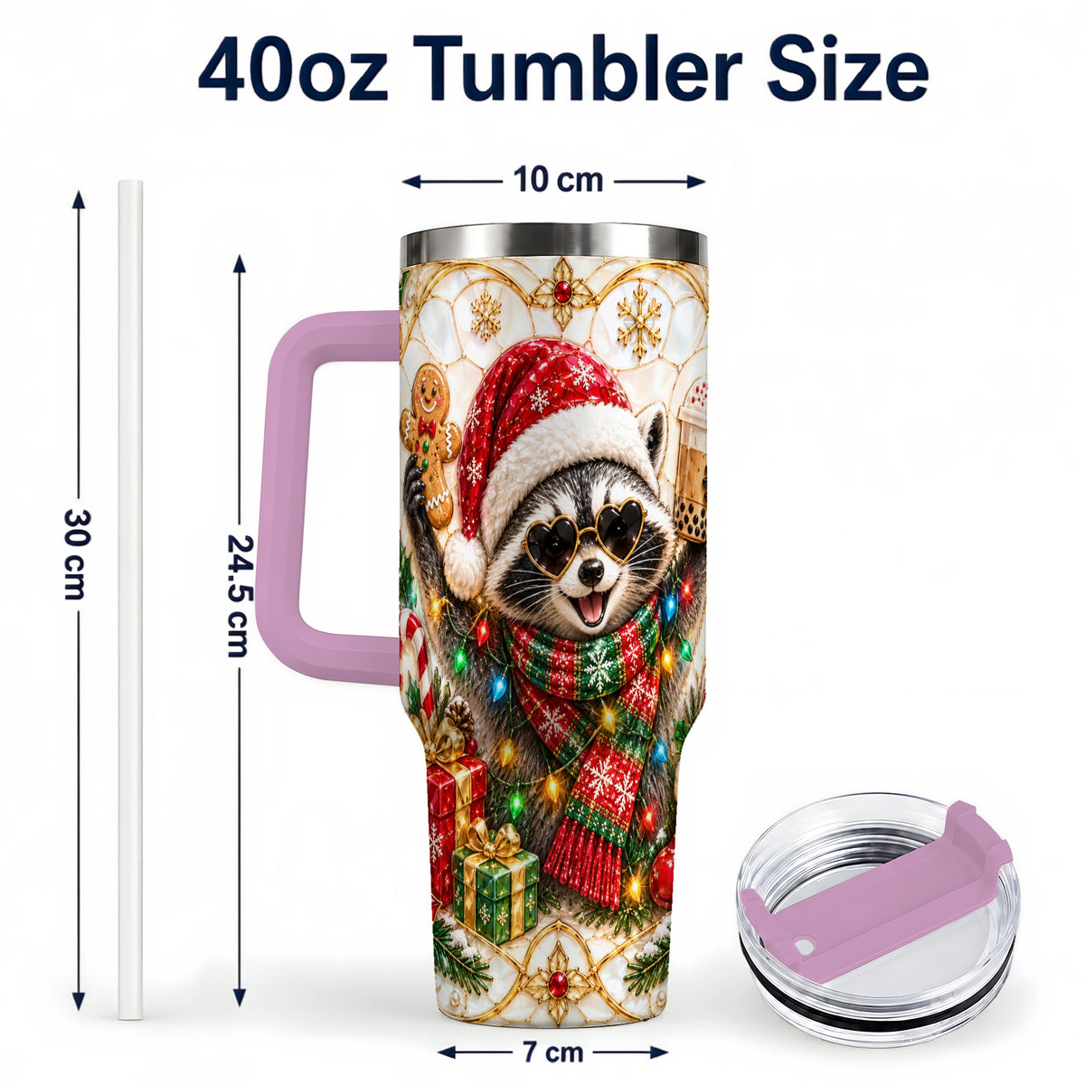 #pl[40oz|Pink] Christmas Raccoon 40oz Tumbler with Handle, Festive Travel Cup