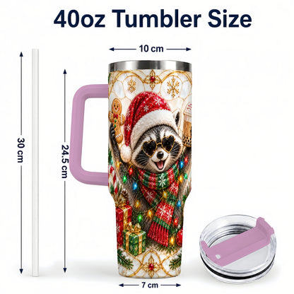 #pl[40oz|Pink] Christmas Raccoon 40oz Tumbler with Handle, Festive Travel Cup
