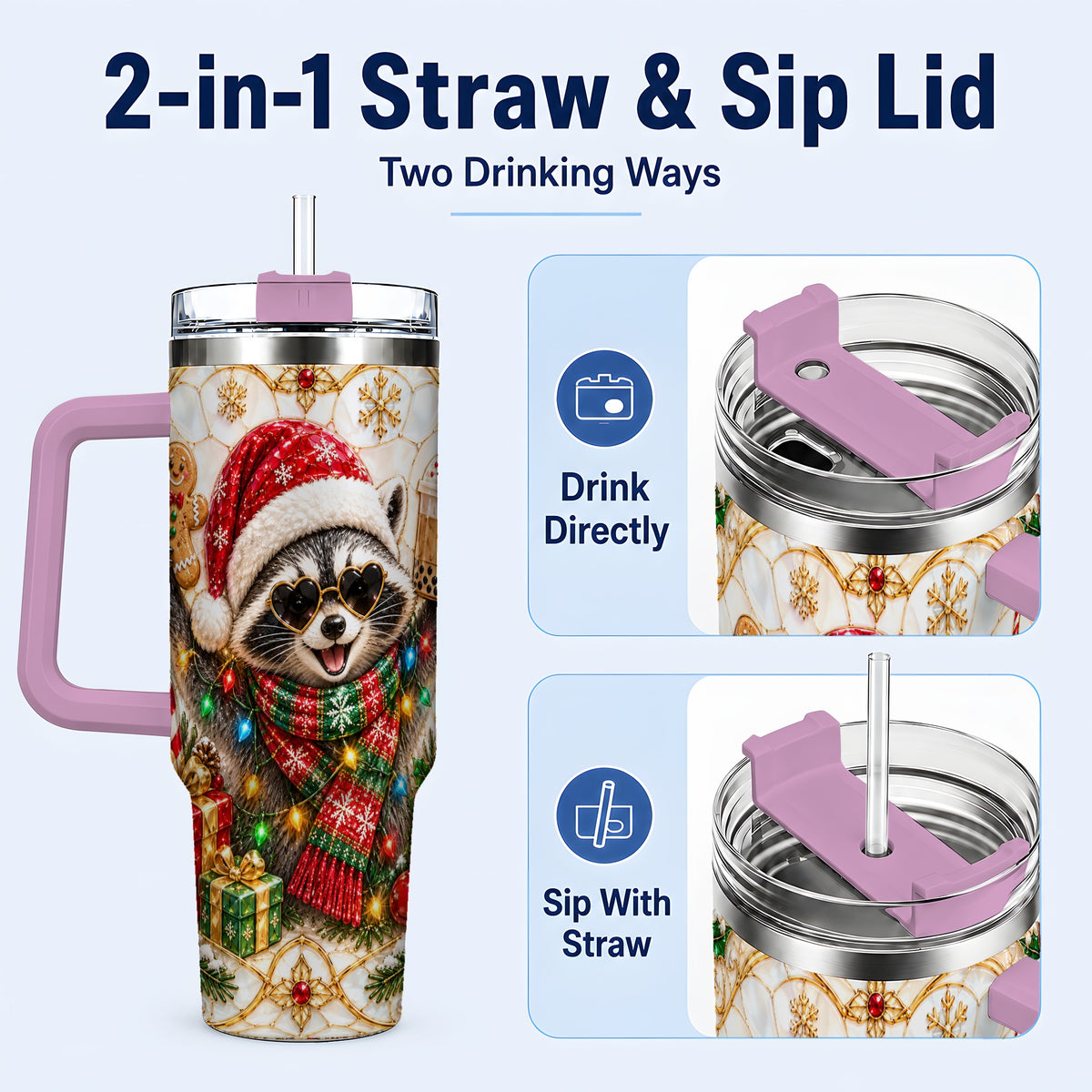 #pl[40oz|Pink] Christmas Raccoon 40oz Tumbler with Handle, Festive Travel Cup