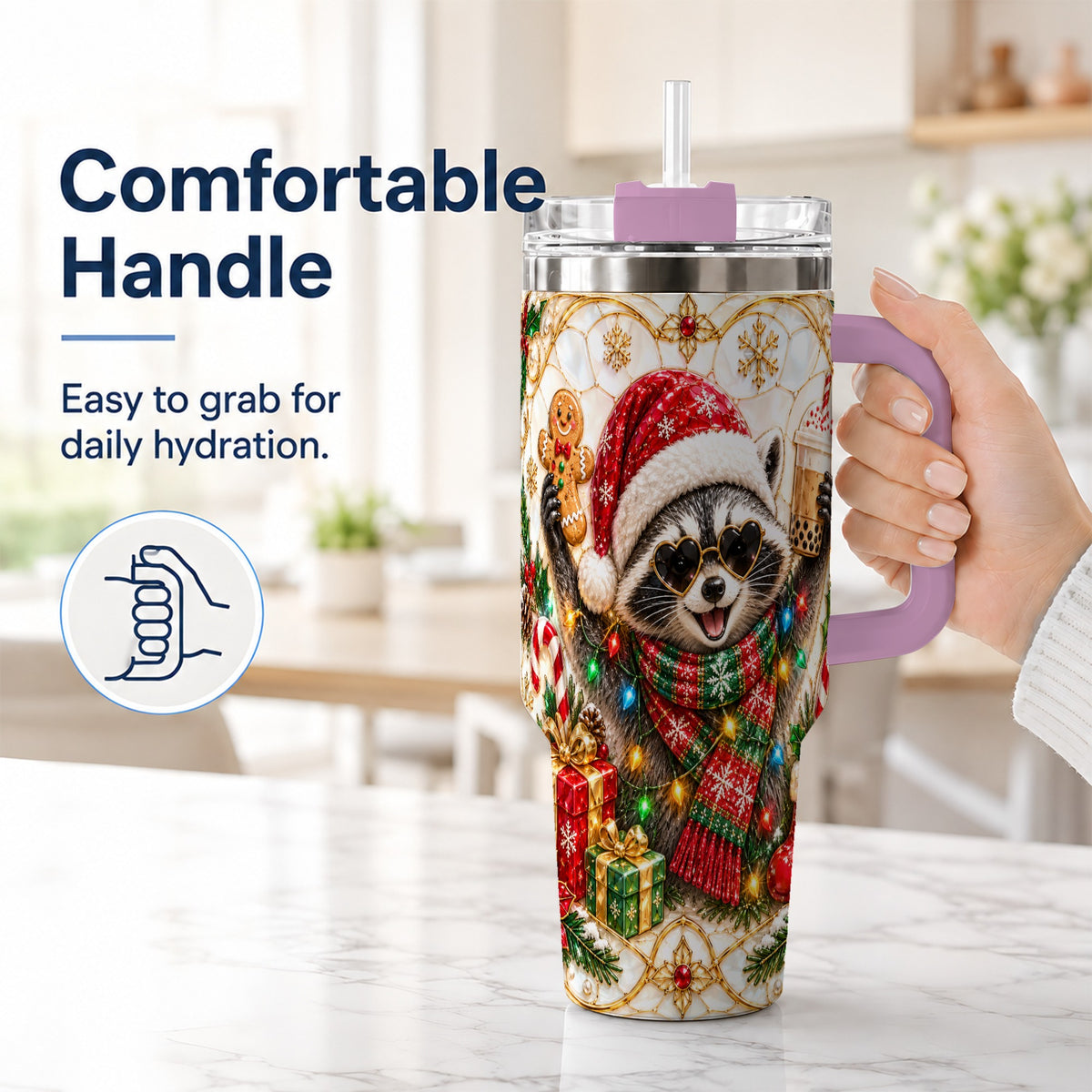 #pl[40oz|Pink] Christmas Raccoon 40oz Tumbler with Handle, Festive Travel Cup