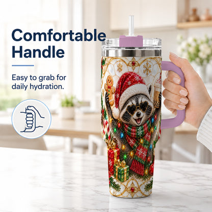 #pl[40oz|Pink] Christmas Raccoon 40oz Tumbler with Handle, Festive Travel Cup