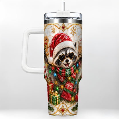 Christmas Raccoon 40oz Tumbler with Handle, Festive Travel Cup