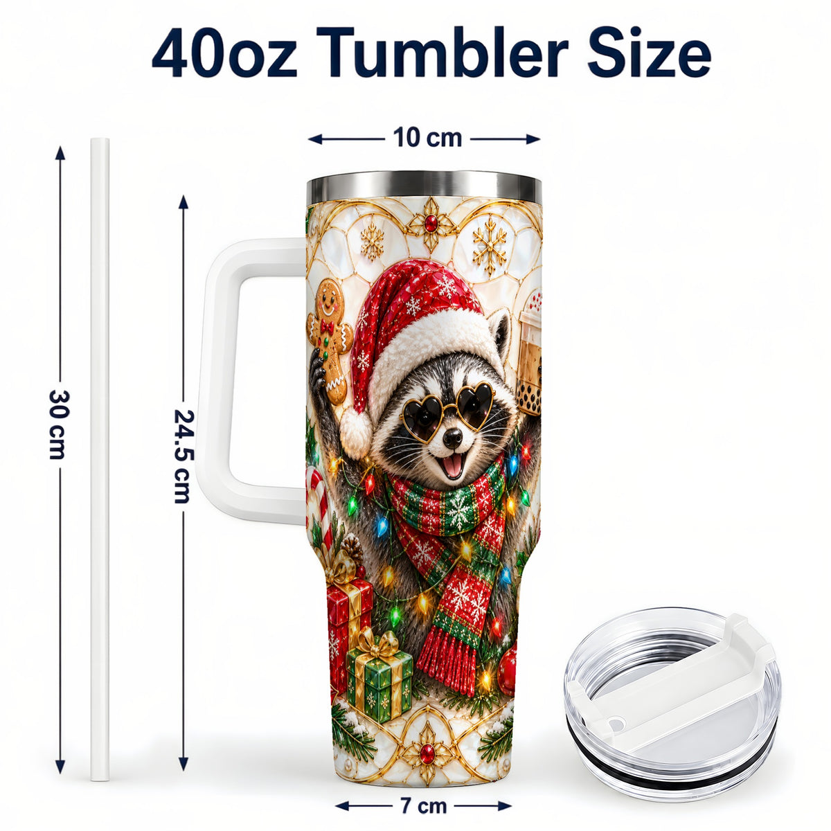 #pl[40oz|White] Christmas Raccoon 40oz Tumbler with Handle, Festive Travel Cup