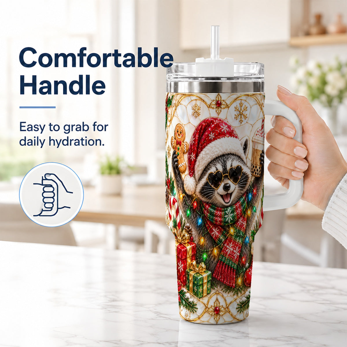 #pl[40oz|White] Christmas Raccoon 40oz Tumbler with Handle, Festive Travel Cup