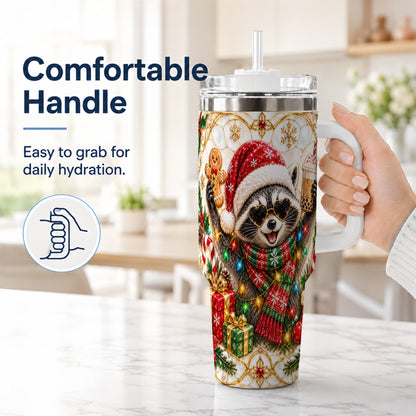 #pl[40oz|White] Christmas Raccoon 40oz Tumbler with Handle, Festive Travel Cup