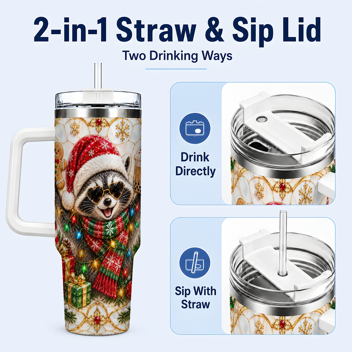 #pl[40oz|White] Christmas Raccoon 40oz Tumbler with Handle, Festive Travel Cup