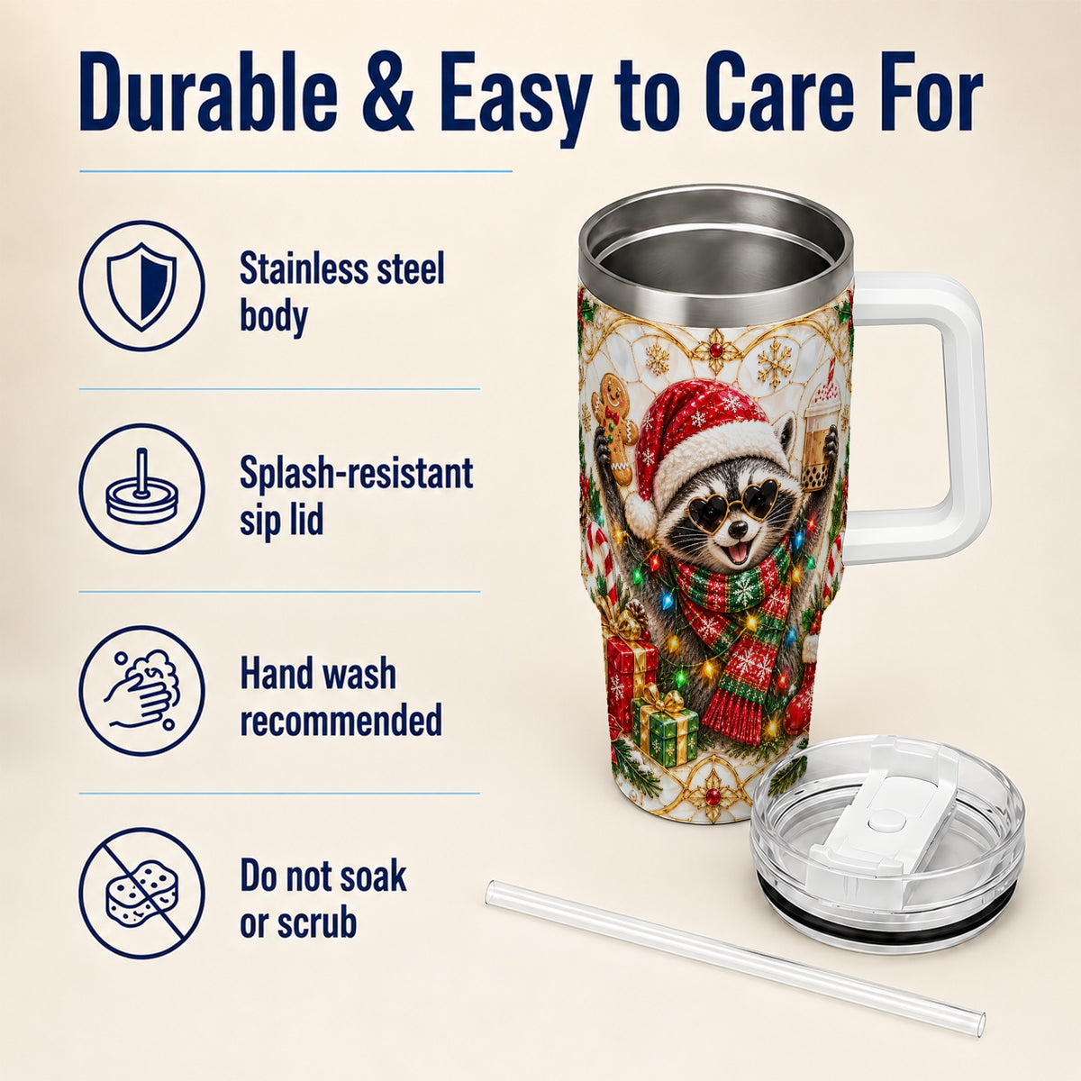 Christmas Raccoon 40oz Tumbler with Handle, Festive Travel Cup