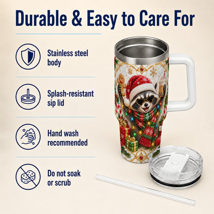 Christmas Raccoon 40oz Tumbler with Handle, Festive Travel Cup
