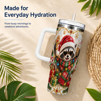 Christmas Raccoon 40oz Tumbler with Handle, Festive Travel Cup