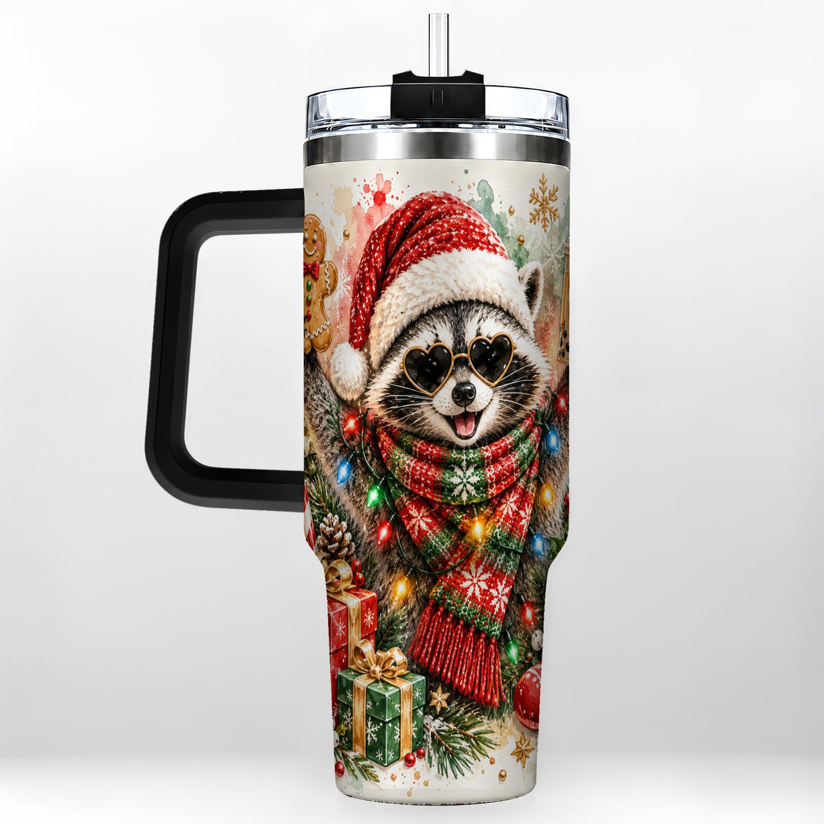 #pl[40oz|Black] Christmas Raccoon 40oz Tumbler with Handle, Holiday Travel Cup