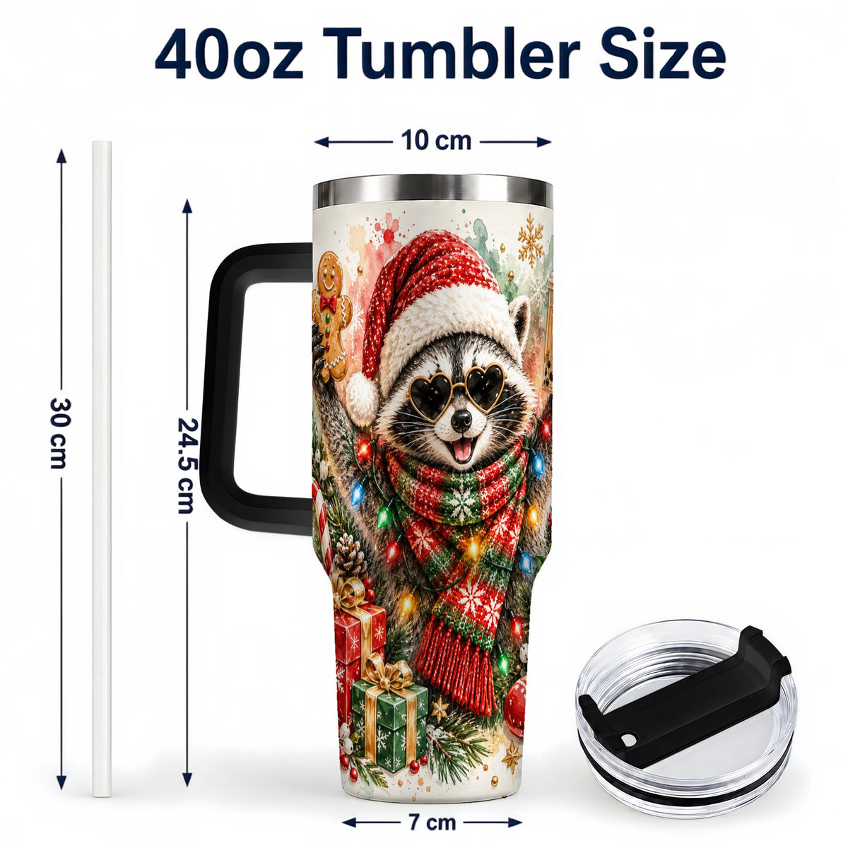 #pl[40oz|Black] Christmas Raccoon 40oz Tumbler with Handle, Holiday Travel Cup