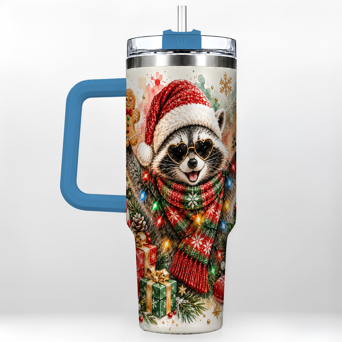 #pl[40oz|Blue] Christmas Raccoon 40oz Tumbler with Handle, Holiday Travel Cup
