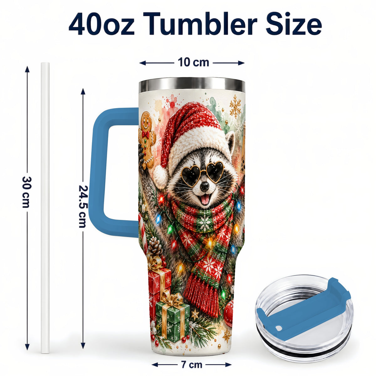 #pl[40oz|Blue] Christmas Raccoon 40oz Tumbler with Handle, Holiday Travel Cup