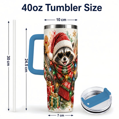 #pl[40oz|Blue] Christmas Raccoon 40oz Tumbler with Handle, Holiday Travel Cup