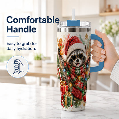 #pl[40oz|Blue] Christmas Raccoon 40oz Tumbler with Handle, Holiday Travel Cup