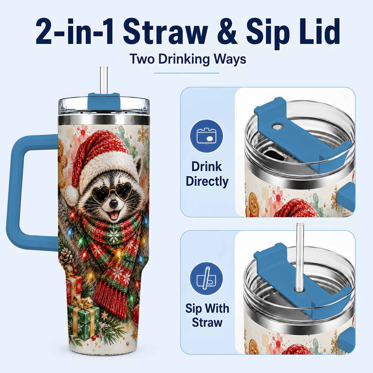 #pl[40oz|Blue] Christmas Raccoon 40oz Tumbler with Handle, Holiday Travel Cup
