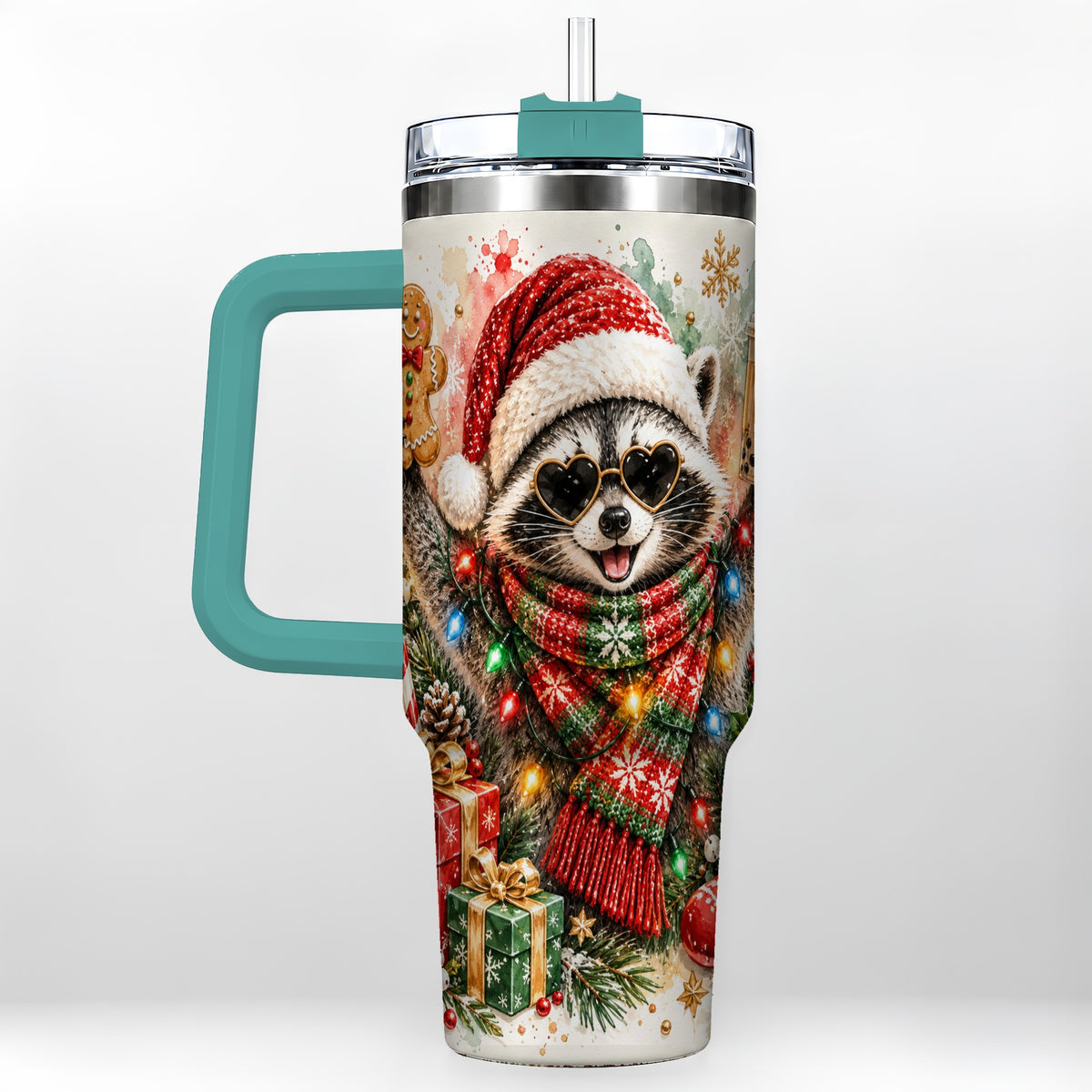 #pl[40oz|Green] Christmas Raccoon 40oz Tumbler with Handle, Holiday Travel Cup