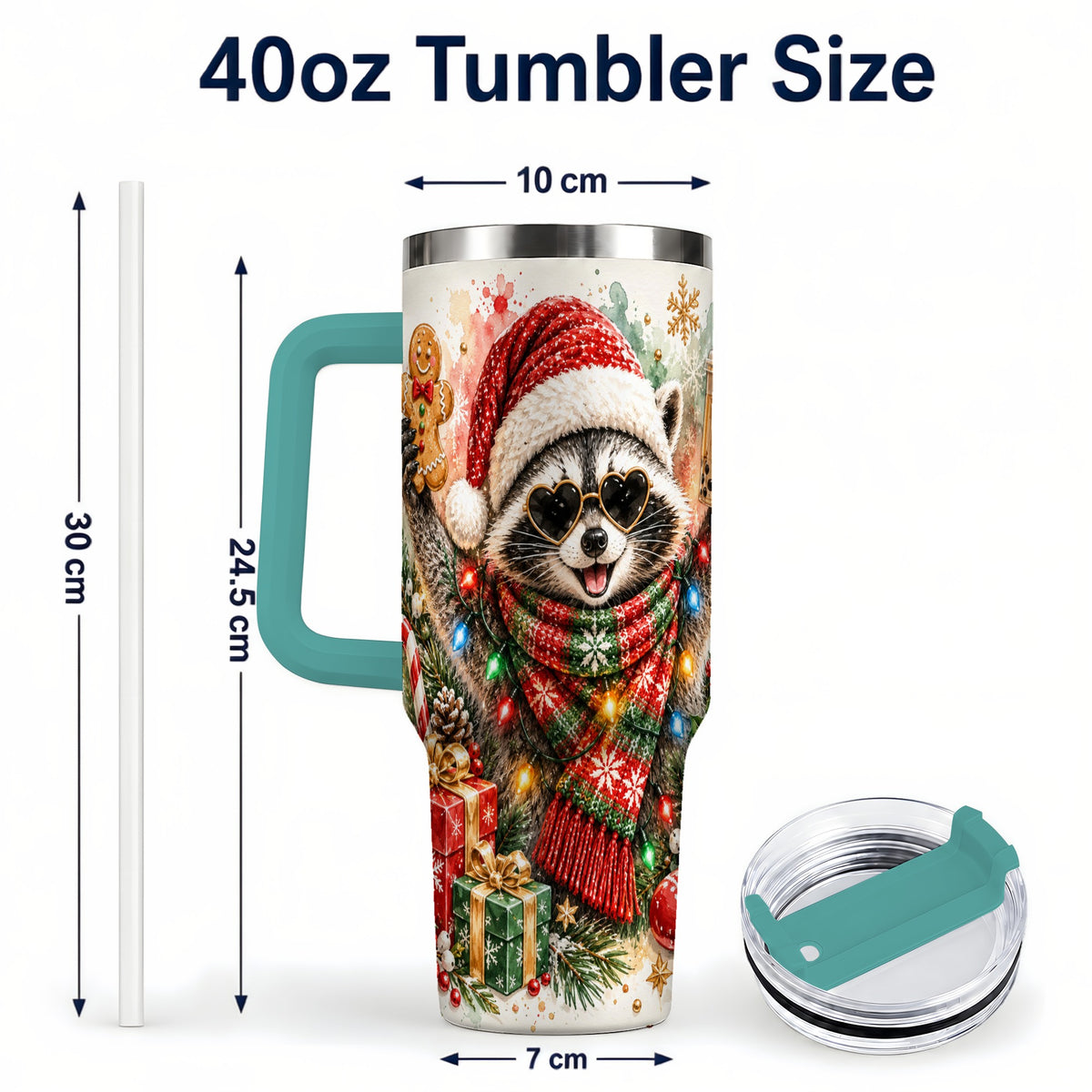 #pl[40oz|Green] Christmas Raccoon 40oz Tumbler with Handle, Holiday Travel Cup