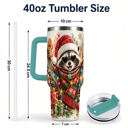 #pl[40oz|Green] Christmas Raccoon 40oz Tumbler with Handle, Holiday Travel Cup