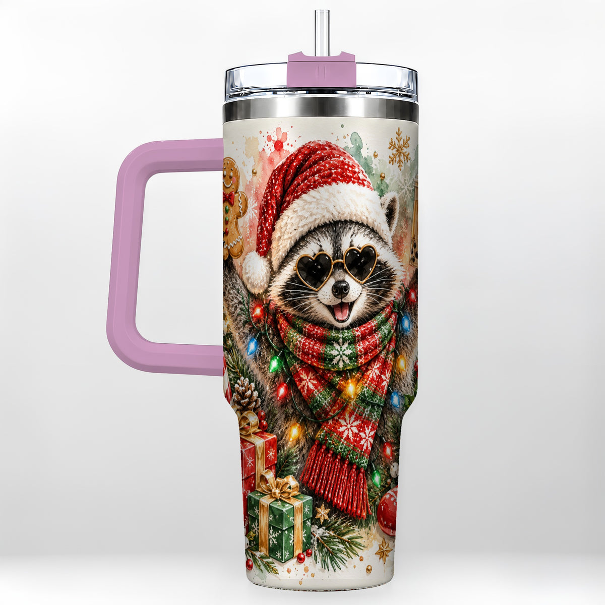 #pl[40oz|Pink] Christmas Raccoon 40oz Tumbler with Handle, Holiday Travel Cup