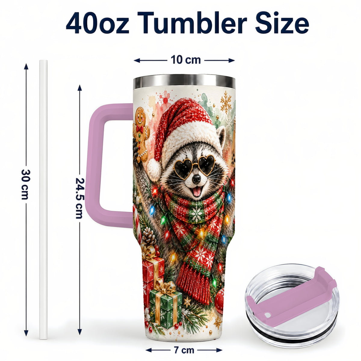 #pl[40oz|Pink] Christmas Raccoon 40oz Tumbler with Handle, Holiday Travel Cup