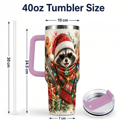 #pl[40oz|Pink] Christmas Raccoon 40oz Tumbler with Handle, Holiday Travel Cup