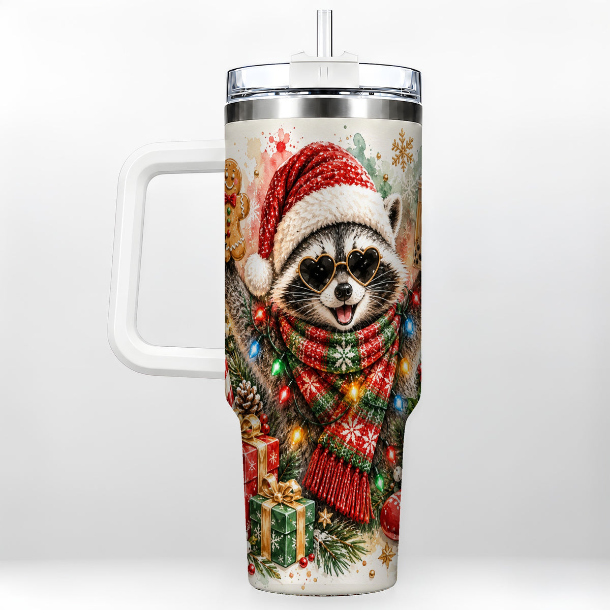 Christmas Raccoon 40oz Tumbler with Handle, Holiday Travel Cup