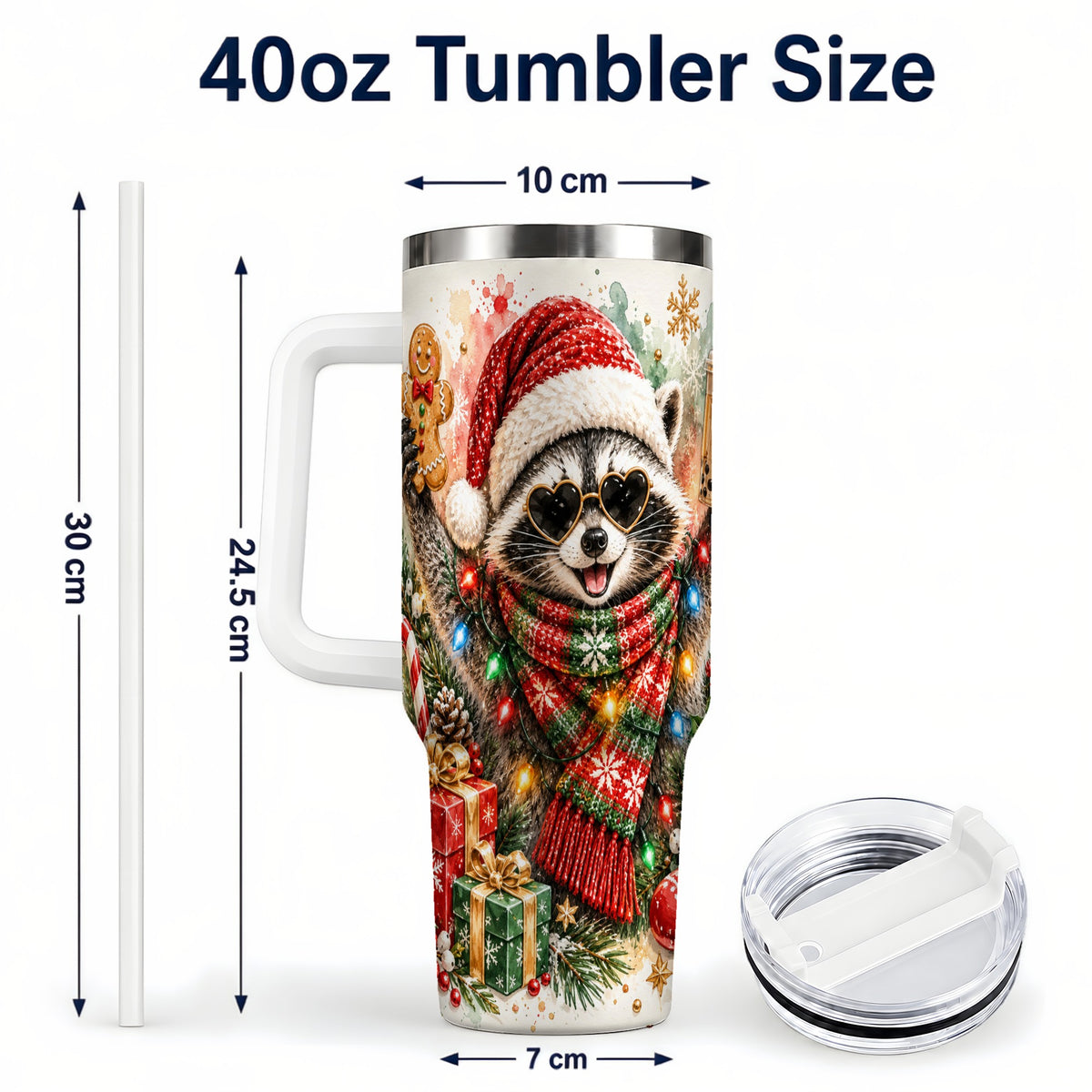 #pl[40oz|White] Christmas Raccoon 40oz Tumbler with Handle, Holiday Travel Cup