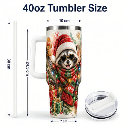 #pl[40oz|White] Christmas Raccoon 40oz Tumbler with Handle, Holiday Travel Cup