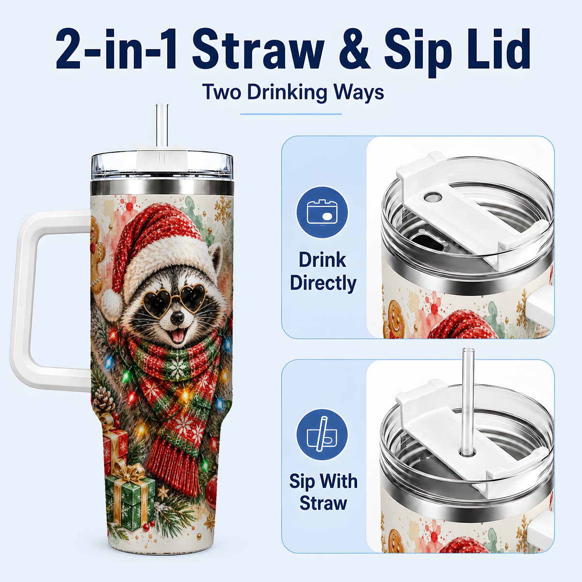 #pl[40oz|White] Christmas Raccoon 40oz Tumbler with Handle, Holiday Travel Cup