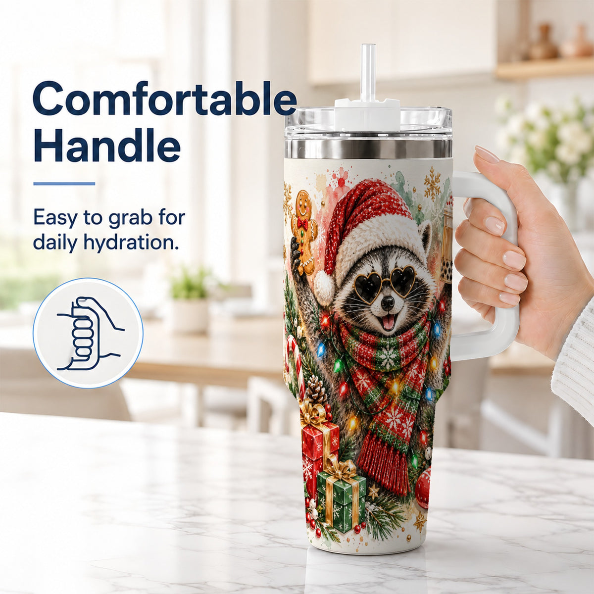 #pl[40oz|White] Christmas Raccoon 40oz Tumbler with Handle, Holiday Travel Cup