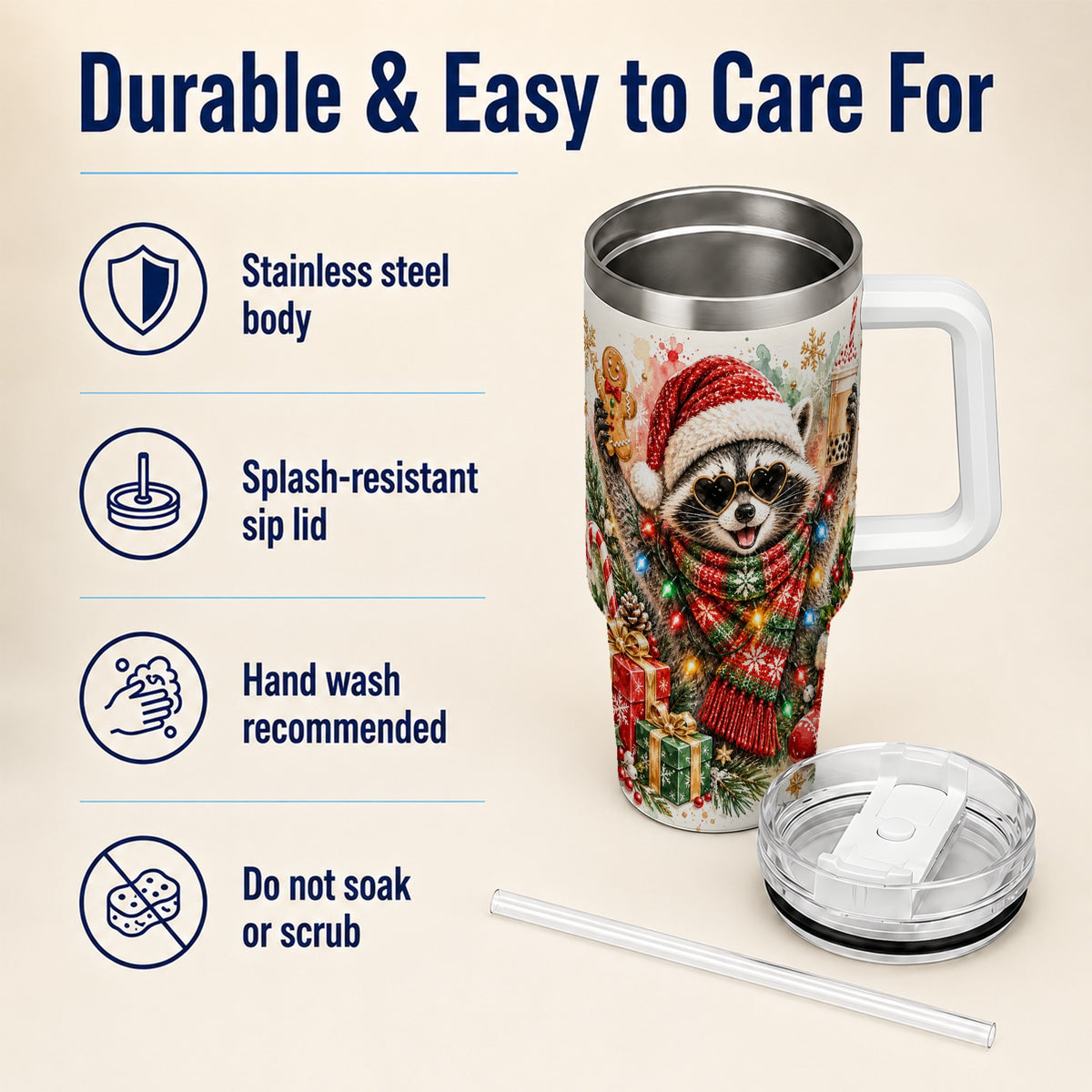 Christmas Raccoon 40oz Tumbler with Handle, Holiday Travel Cup