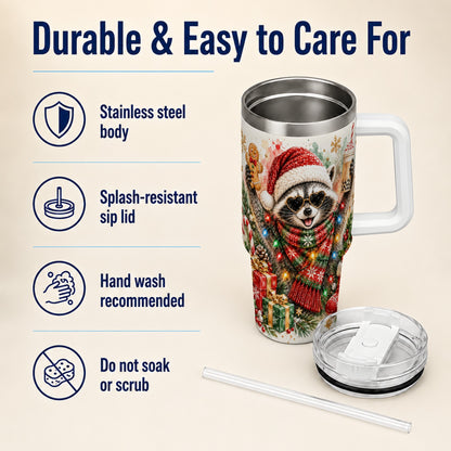 Christmas Raccoon 40oz Tumbler with Handle, Holiday Travel Cup