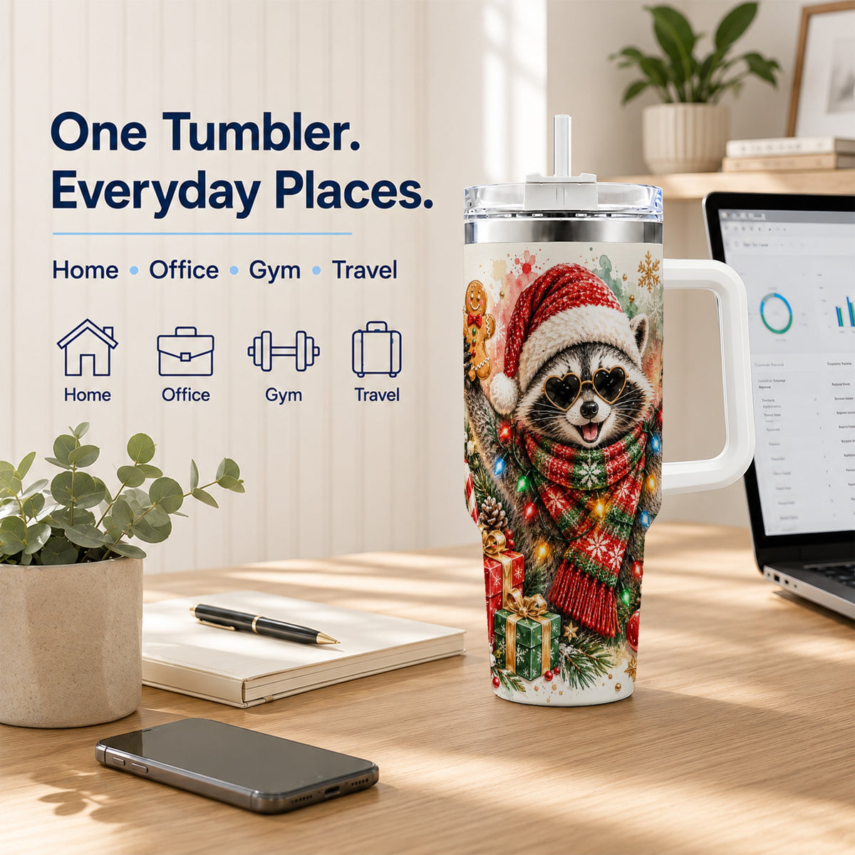 Christmas Raccoon 40oz Tumbler with Handle, Holiday Travel Cup