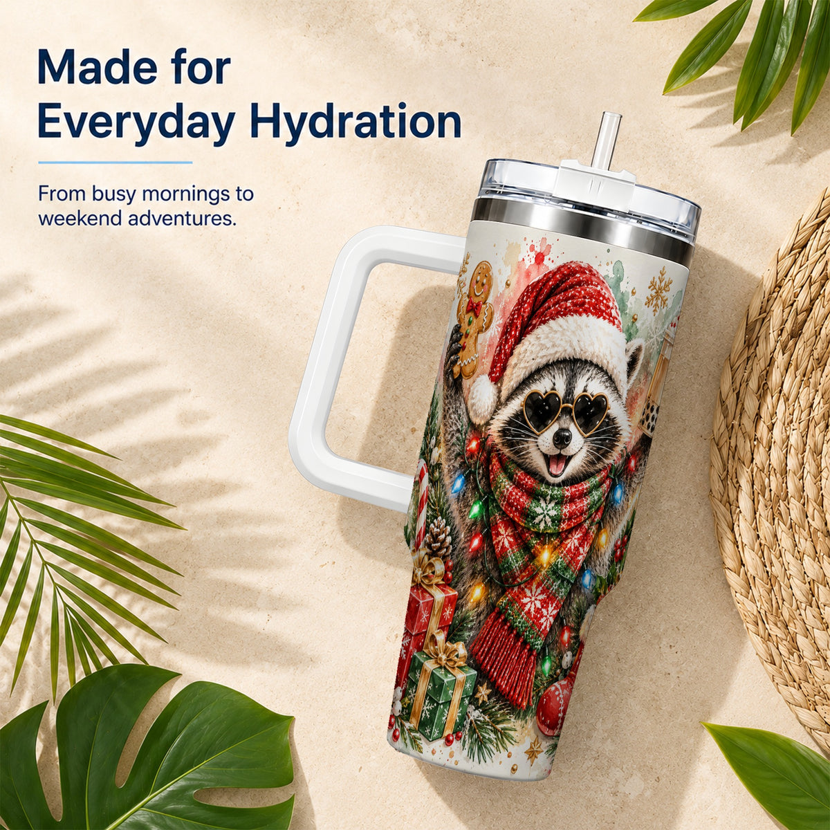 Christmas Raccoon 40oz Tumbler with Handle, Holiday Travel Cup